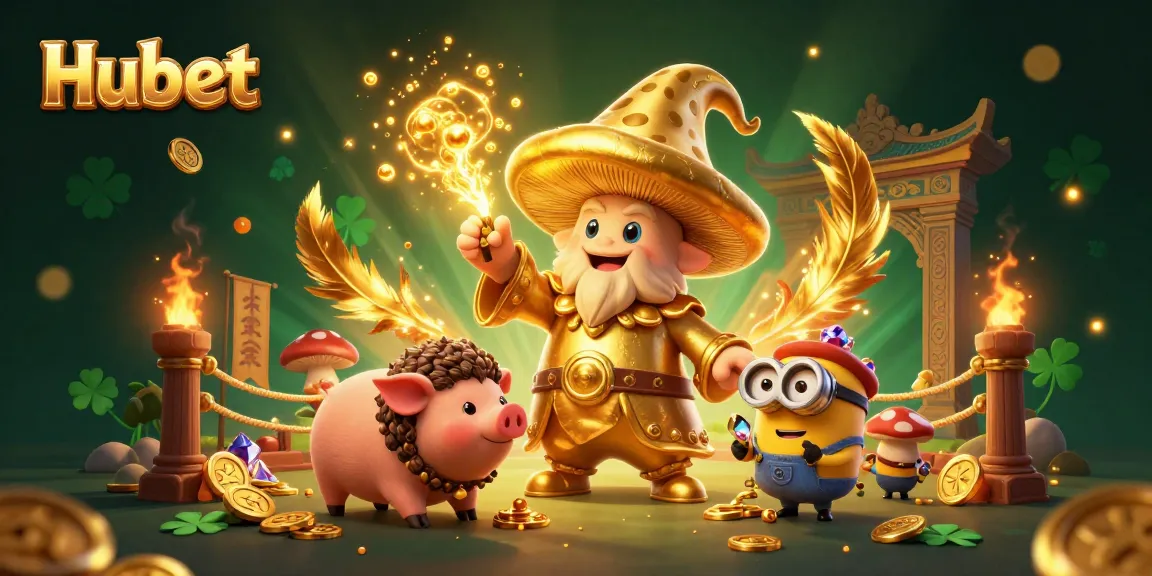 Hubet-themed 3D illustration capturing a golden mushroom wizard and treasure-seeking pig amidst vibrant casino elements.