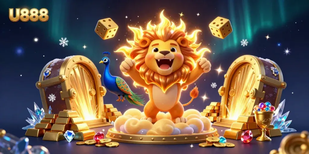 Experience the excitement of U888 with a dynamic 3D scene featuring games and vibrant casino elements.
