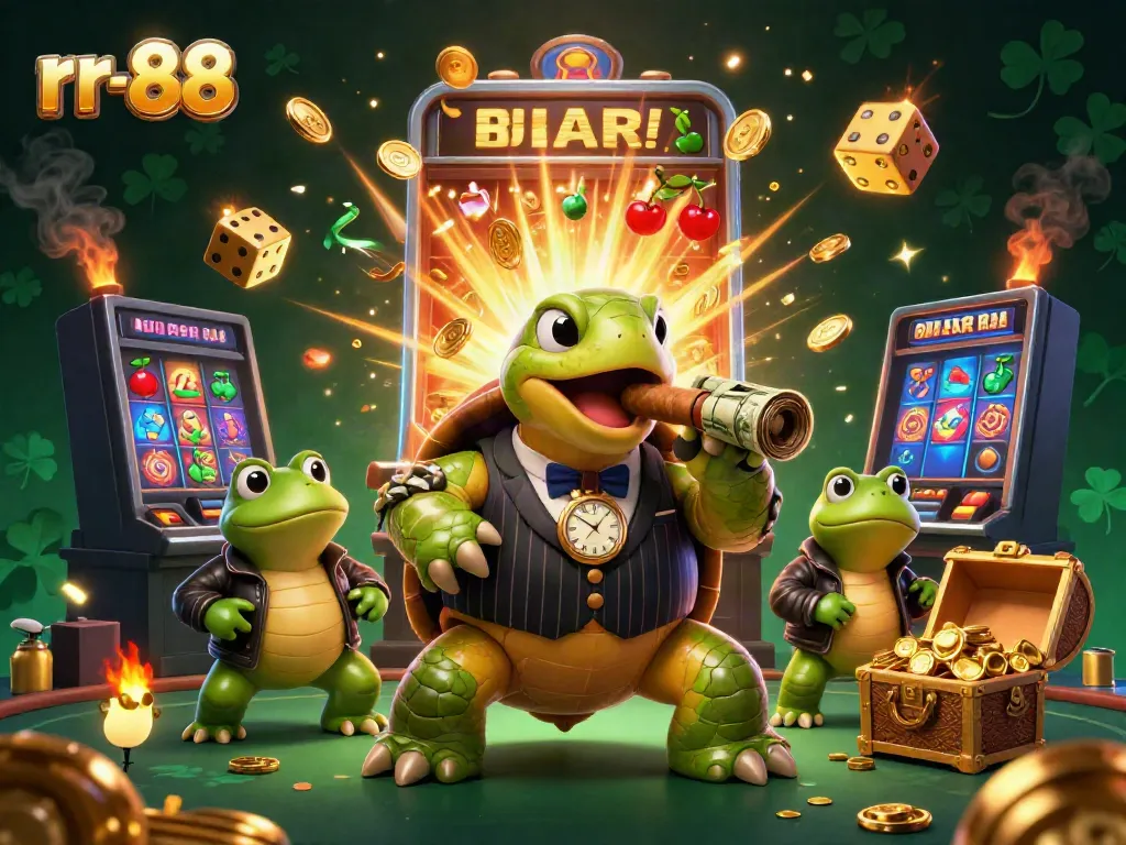 rr-88 showcases a dynamic casino scene with cartoon characters celebrating a jackpot win.