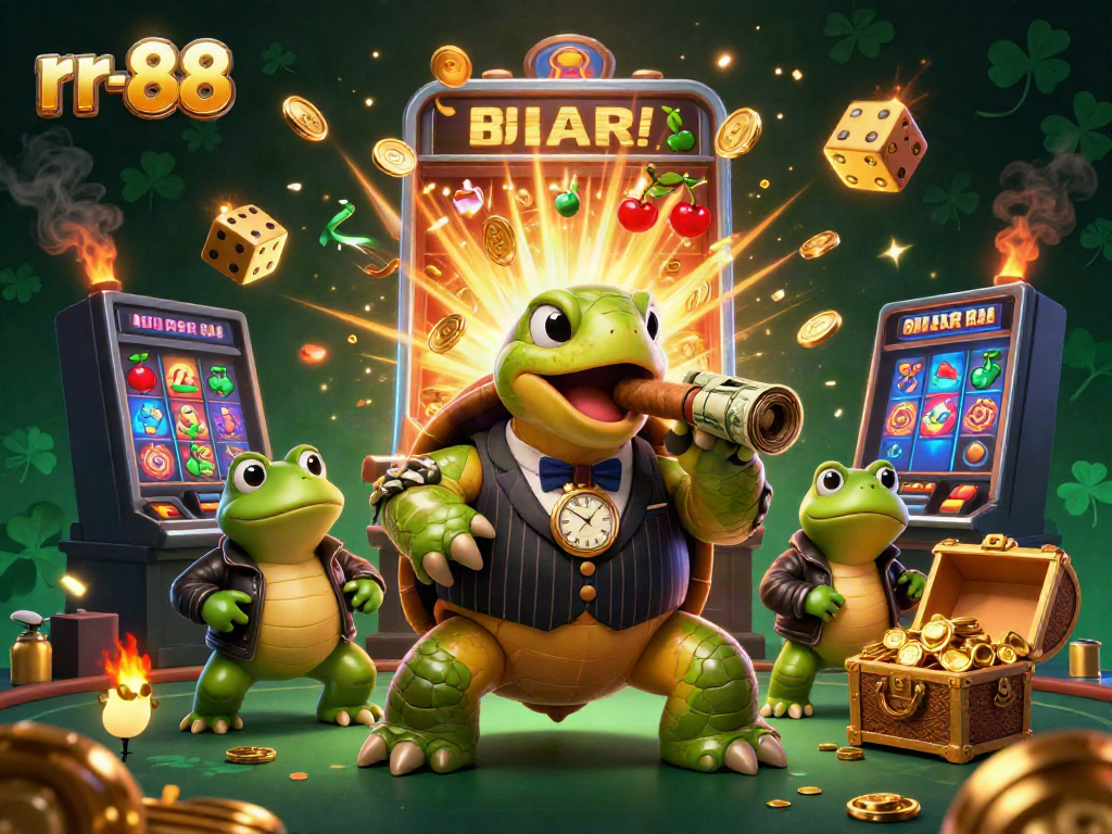 rr-88 showcases a dynamic casino scene with cartoon characters celebrating a jackpot win.