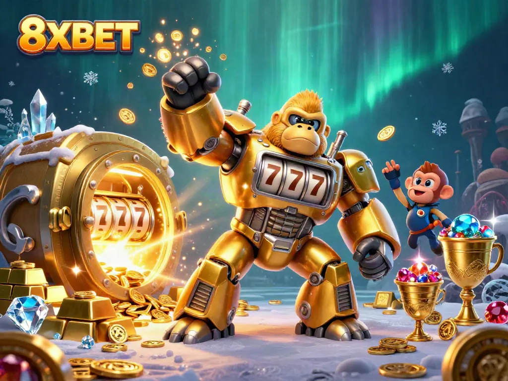 Experience the thrill of 8XBET with a golden gorilla mech amid treasures and jackpots.