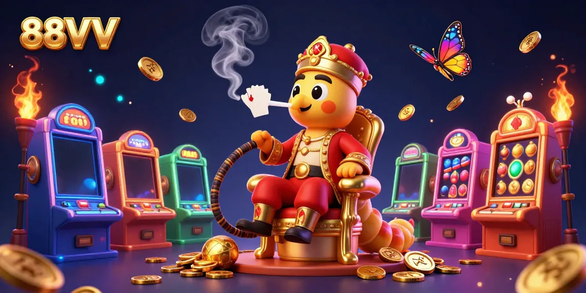 88VV showcases a captivating 3D scene with casino elements, featuring a caterpillar sultan character surrounded by slot game machines.