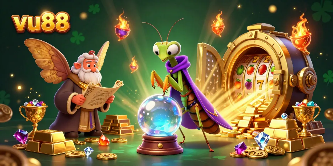 Experience the magic of vu88 with a 3D illustration of a fortune teller and mystical themes, perfect for gamblers.