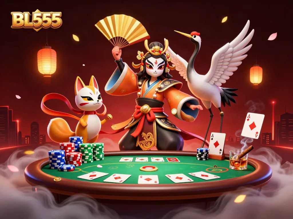 Engage with a dynamic gaming scene featuring BL555, poker action with vibrant characters and an array of casino elements.