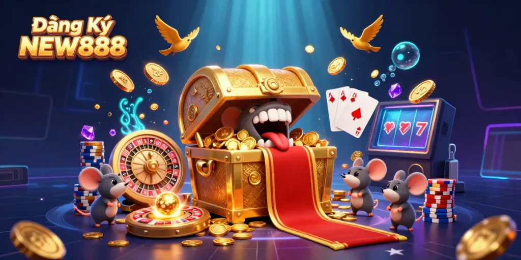 Experience the thrill with Đăng Ký NEW888 as treasure chest lures adventurer mice amidst cascading golden coins and vibrant gaming elements.
