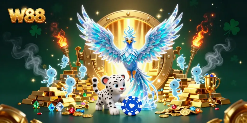 Experience W88's vibrant casino world with dazzling characters amidst golden treasures.