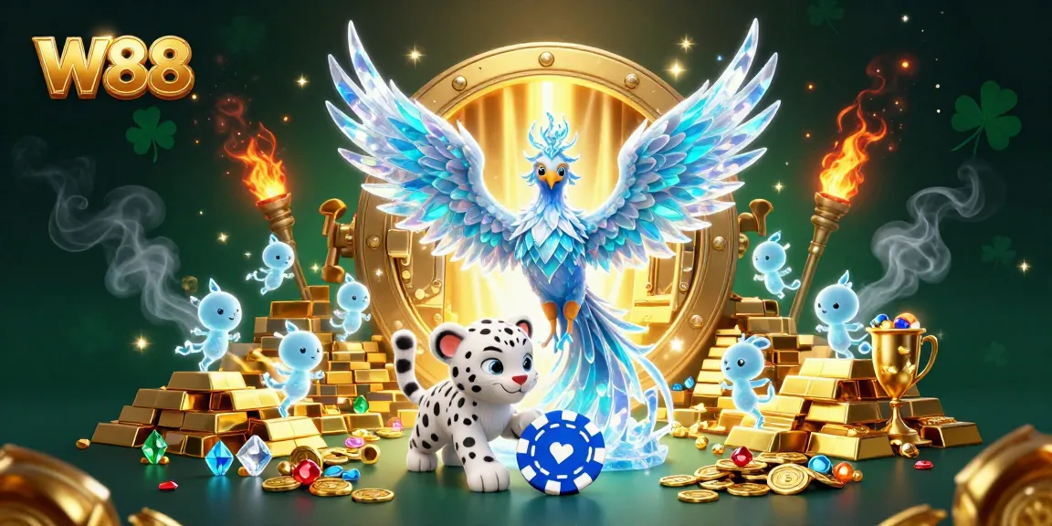 Experience W88's vibrant casino world with dazzling characters amidst golden treasures.