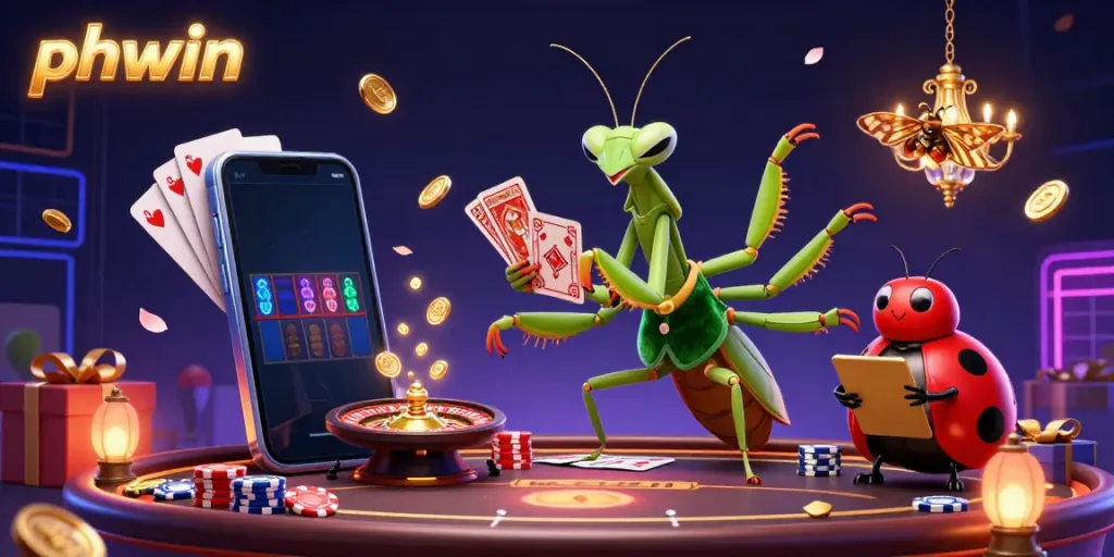 Experience exciting gameplay at phwin with a lively cartoon scene featuring characters and casino elements.