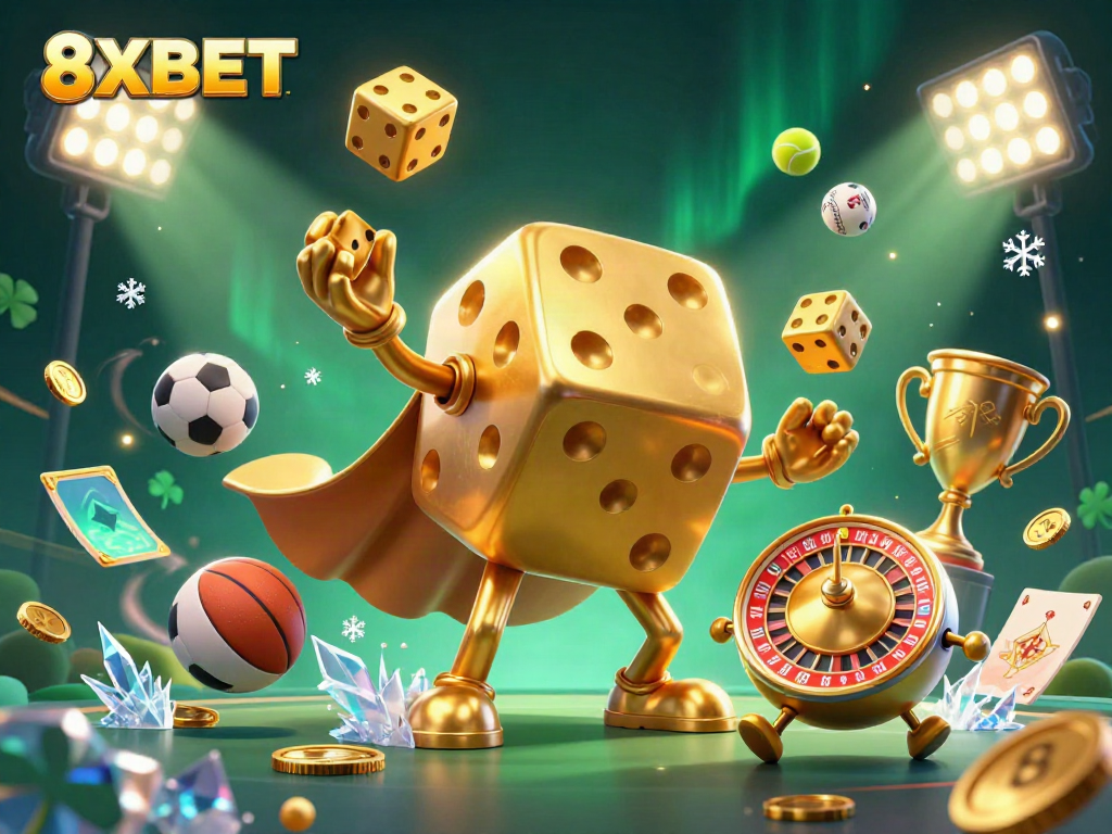 Experience the exciting gaming world of 8XBET with golden dice and dynamic sports betting elements.