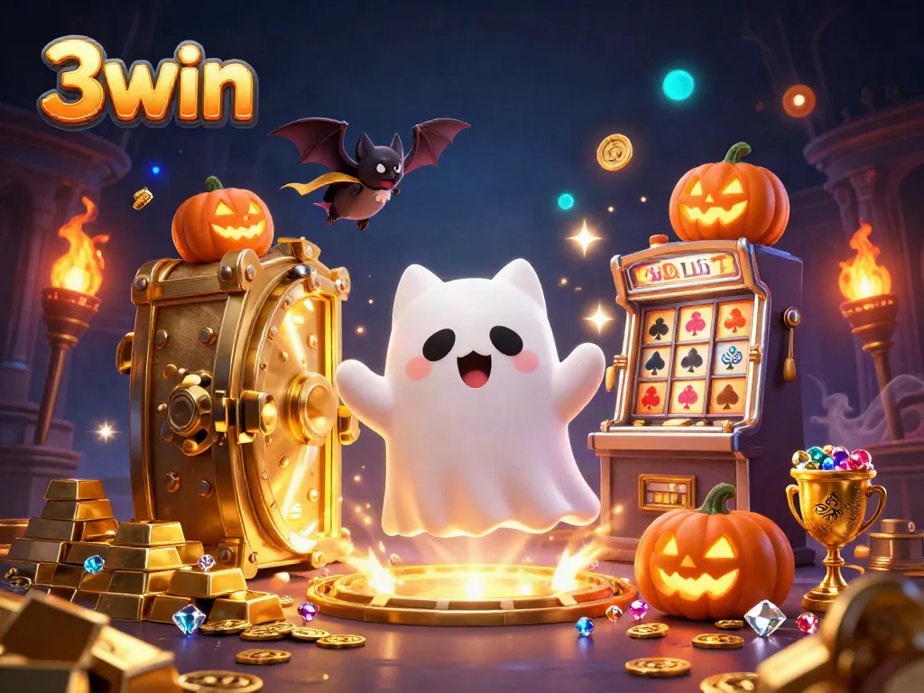 Experience the magic of 3win as the friendly ghost cat haunts a vibrant casino landscape filled with treasures.