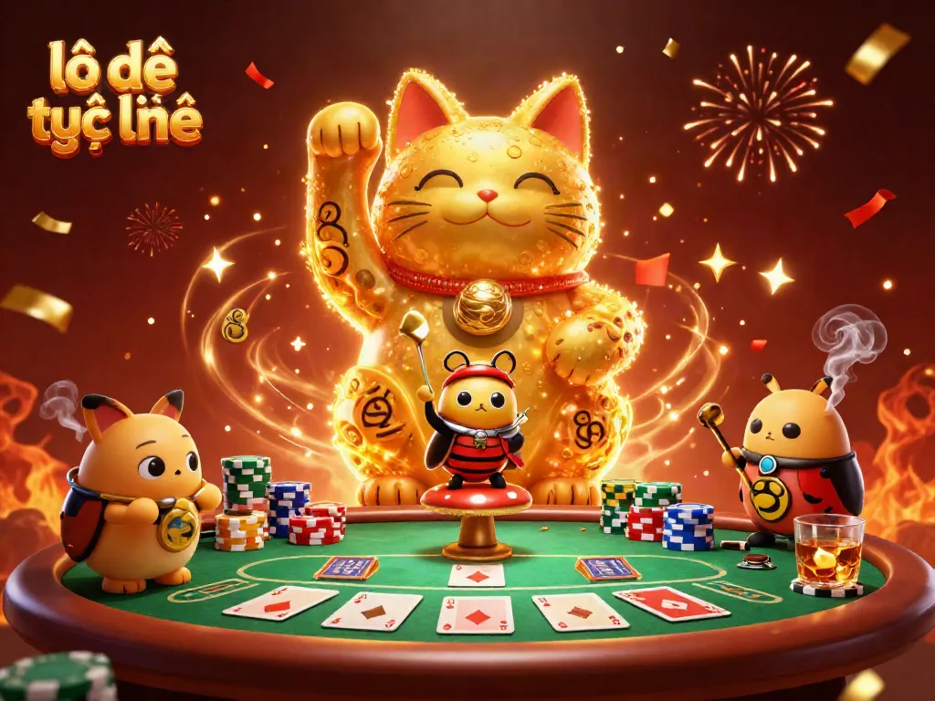 Experience the excitement of lô đề trực tuyến with this vibrant 3D illustration featuring a lucky cat and casino elements.